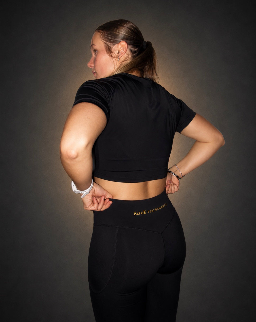 First Edition Women’s Performance Set | Crop Top + High-Waist Leggings (Black/Gold)