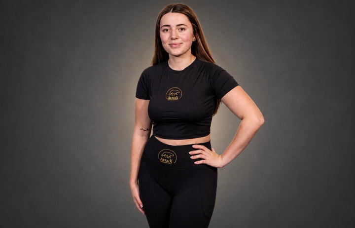 First Edition Women’s Performance Set | Crop Top + High-Waist Leggings (Black/Gold)