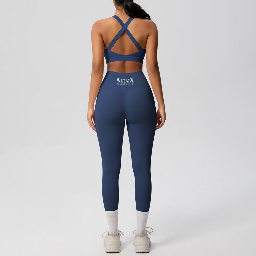 AltaiX Women's Performance Sports Bra & Pocket Leggings Set in Summit Blue with a supportive body-contouring fit, high-waisted pocket leggings, medium-support sports bra and breathable four-way stretch fabric for gym training, HYROX, running, Pilates and everyday wear.