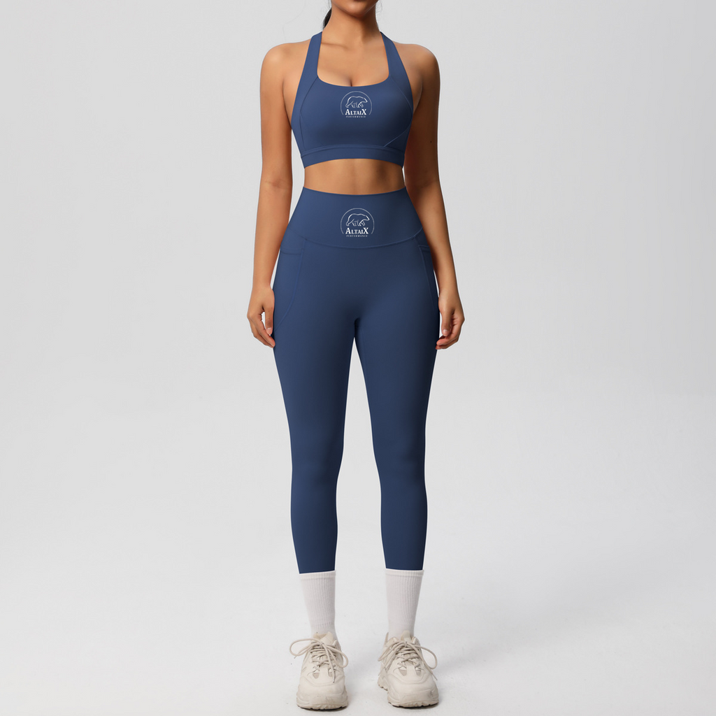 AltaiX Women's Performance Sports Bra & Pocket Leggings Set in Summit Blue with a supportive body-contouring fit, high-waisted pocket leggings, medium-support sports bra and breathable four-way stretch fabric for gym training, HYROX, running, Pilates and everyday wear.