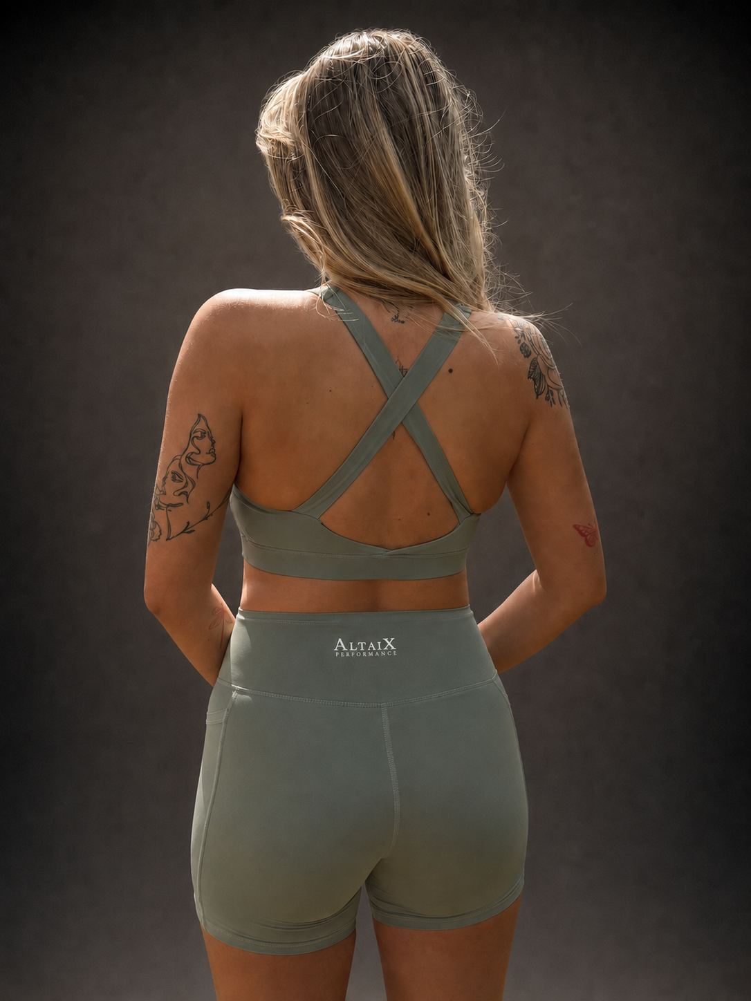 AltaiX Women's Performance Sports Bra & Shorts Set in Sage Mint with a supportive body-contouring fit, high-waisted shorts with side pockets and breathable four-way stretch fabric for gym training, HYROX, running and everyday wear.