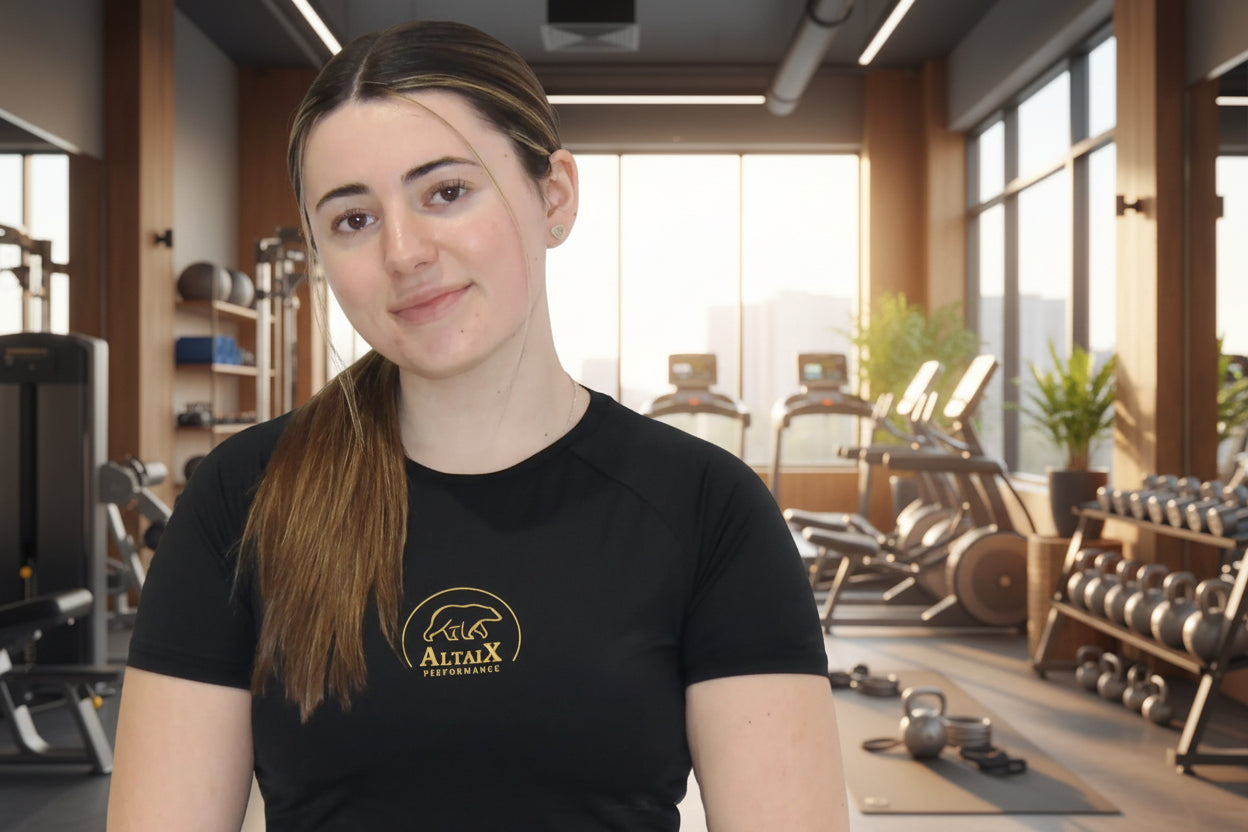 Woman in a gym wearing a black t-shirt with a logo, surrounded by fitness equipment.