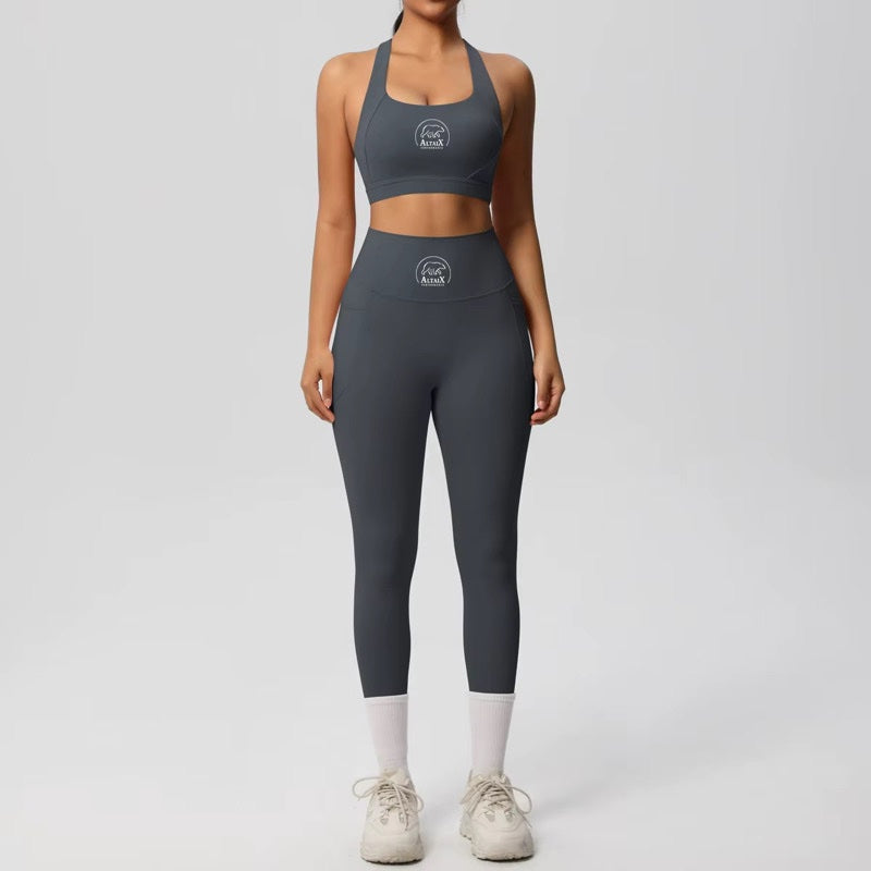 AltaiX Women's Performance Sports Bra & Pocket Leggings Set in Slate Grey with a supportive body-contouring fit, high-waisted pocket leggings, medium-support sports bra and breathable four-way stretch fabric for gym training, HYROX, running, Pilates and everyday wear.
