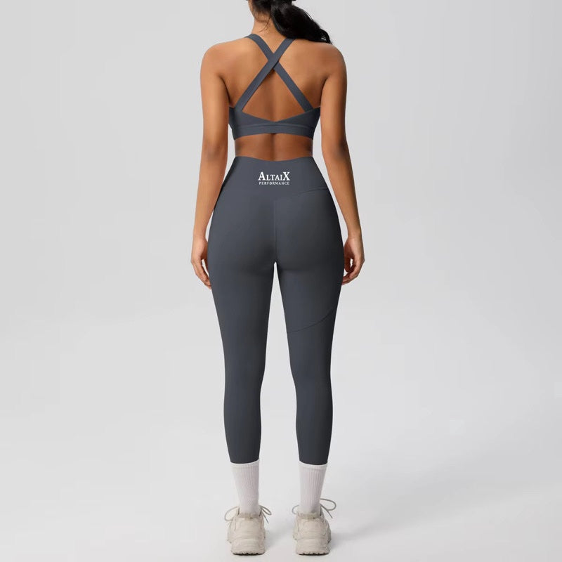 AltaiX Women's Performance Sports Bra & Pocket Leggings Set in Slate Grey with a supportive body-contouring fit, high-waisted pocket leggings, medium-support sports bra and breathable four-way stretch fabric for gym training, HYROX, running, Pilates and everyday wear.