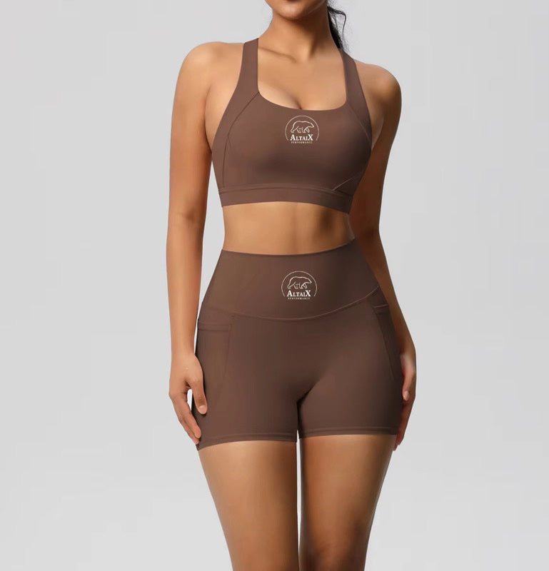 AltaiX women’s Performance Sports Bra & Shorts Set in Chestnut Brown