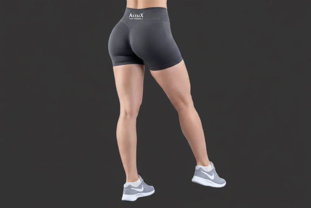 AltaiX Women's Seamless High-Waisted Performance Shorts in Slate Grey with a sculpting body-contouring fit, seamless construction and breathable four-way stretch fabric for gym training, HYROX, running, yoga and everyday wear.