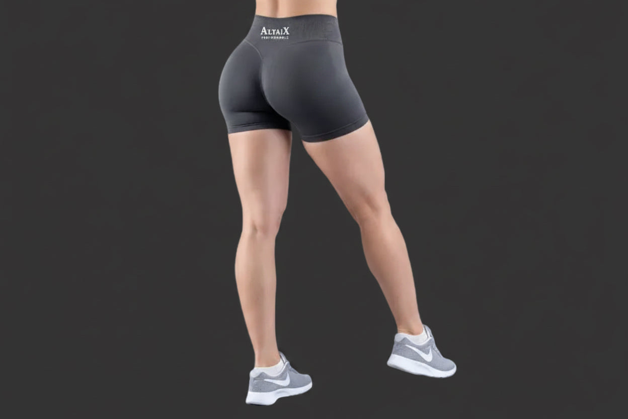 AltaiX Women's Seamless High-Waisted Performance Shorts in Slate Grey with a sculpting body-contouring fit, seamless construction and breathable four-way stretch fabric for gym training, HYROX, running, yoga and everyday wear.