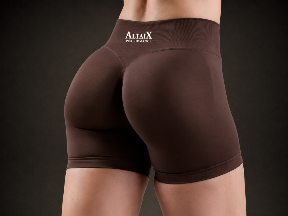 AltaiX Women's Seamless High-Waisted Performance Shorts in Terra Brown with a sculpting body-contouring fit, seamless construction and breathable four-way stretch fabric for gym training, HYROX, running, yoga and everyday wear.