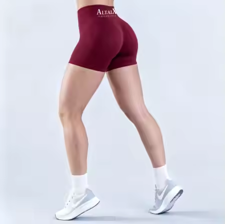 AltaiX Women's Seamless High-Waisted Performance Shorts in Terrain Burgundy with a sculpting body-contouring fit, seamless construction and breathable four-way stretch fabric for gym training, HYROX, running, yoga and everyday wear.