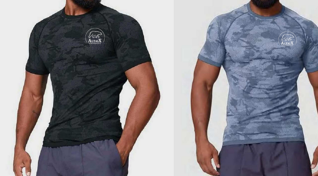 Two models wearing AltaiX Men's Seamless Performance T-Shirts in Midnight Black and Storm Blue with a performance compression-inspired fit, breathable high-stretch fabric and tonal camouflage design, ideal for gym training, HYROX and running.