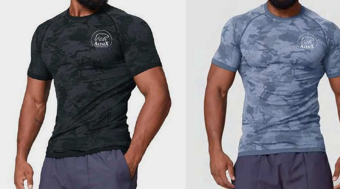 Two models wearing AltaiX Men's Seamless Performance T-Shirts in Midnight Black and Storm Blue with a performance compression-inspired fit, breathable high-stretch fabric and tonal camouflage design, ideal for gym training, HYROX and running.